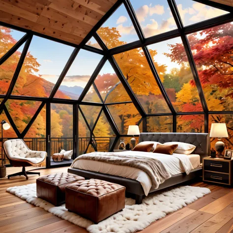 Design a cozy and luxurious bedroom inside a geodesic dome with large triangular windows offering a stunning view of autumn foliage. The room features a comfortable bed with plush pillows and warm blankets, surrounded by soft lighting from bedside lamps. I...