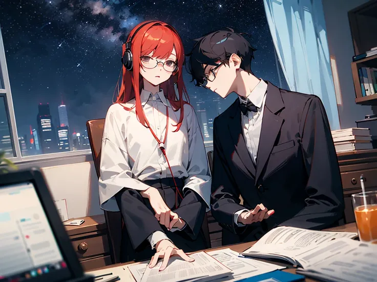 A slender man with black hair and glasses studying in a messy room、A redhead woman is sitting next to him, relaxing and listening to headphones、Both are 28 years old、night、Starry Sky
