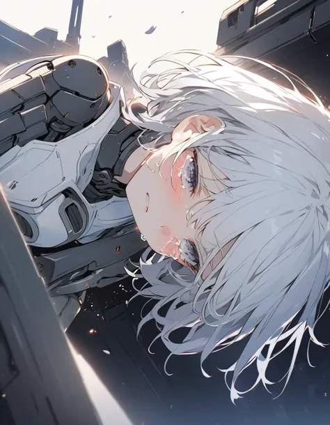 The white-haired girl cried sadly, Mechanical joints　short hair
