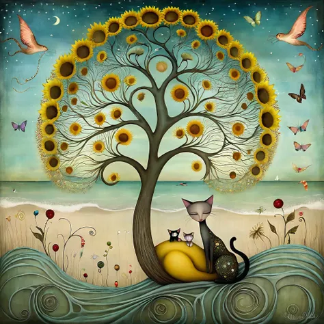 style inspired by klimt, nicoletta ceccoli, catrin welz-stein, didier lourenço, and leonora carrington. in the seascape of a bea...