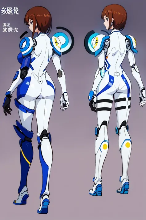 (full body) (same character front, back, side view) (model sheet) (multiple views of the same character), beautiful eyes, anime woman, perfect anatomy, delicate face, short brown hair, skin very white, wearing robotic futuristic technological black suit wi...