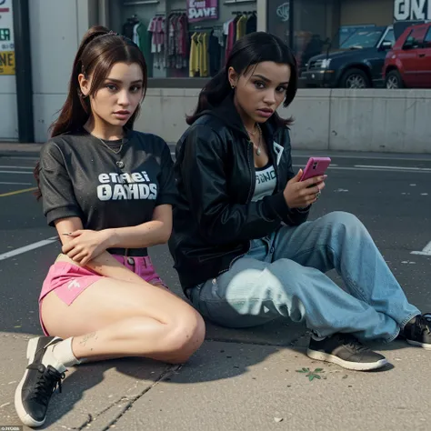 there is a woman sitting on the ground with a cell phone, gta character, as a character from gtav, gta v street style, ariana grande in gta v, gta5 style, gta 5 skin tone, gta v character, style of gta v, grand theft auto style, gta v style, as the protago...