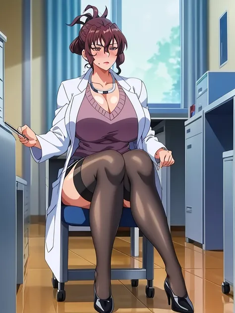 (beautiful hand:1.2), (masterpiece, best quality:1.3), Aiko Katsuragi, mature female, (full body shot:1.05), milf, (curvy:0.9), 1girl, anime face, sitting on chair, doctor, labcoat, stethoscope, short pencil skirt, (thighhighs:1.05), highheels, makeup, lar...