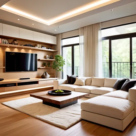 Create a contemporary and minimalistic living space that exudes elegance. The room should have a spacious white sectional sofa placed on a light wooden floor. Include a large, neutral-colored rug to add warmth to the space. The walls should be a light, sof...