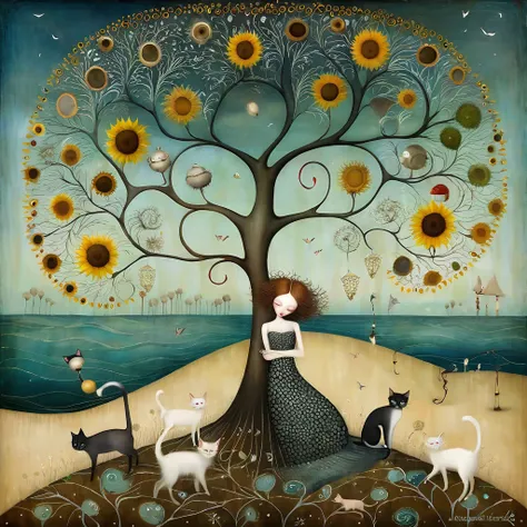 style inspired by klimt, nicoletta ceccoli, catrin welz-stein, didier lourenço, and leonora carrington. in the seascape of a bea...