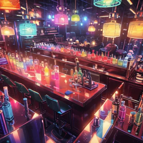 retro wave tech bar next to miami beach cocktail bar serves delicious and colorful cocktails，full of dark synthwave flavor, illu...