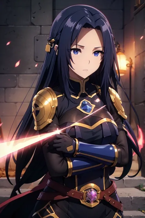 balck armor, glowing pink, long hair, sword, glowing sword, masterpiece, best quality, upper body, portrait,blue eyes,blue hair,
