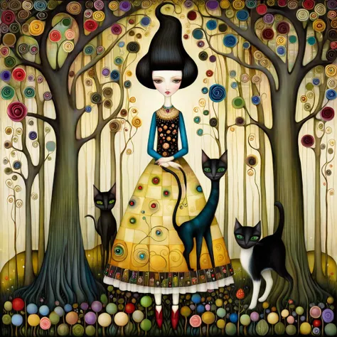 Patchwork by Klimt, Nicoletta Ceccoli, Naoto Hattori, Lawrence Didier, Leonora Carrington European woman with short black hair and a long, wide skirt walks through a beautiful forest with oddly shaped trees of many colors, holding flowers and berries. Arou...