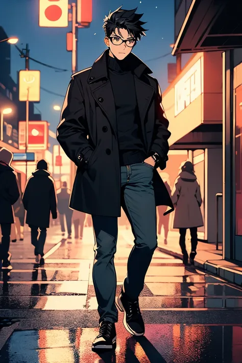 ((illustration)), (best quality)), ((masterpiece)), (detailed), ((night)), teenager, solo, 1boy, male focus, black trench coat, short hair, black hair: 2, spiky hair, jeans, rubber shoes, cityscape, lineart, thick lines, itadori, itadori_yuuji, hair bangs,...