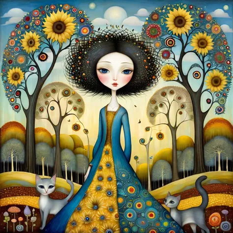 Patchwork by Klimt, Nicoletta Ceccoli, Naoto Hattori, Lawrence Didier, Leonora Carrington European woman with short black hair and a long wide skirt walks through a beautiful forest with oddly shaped trees of many colors, baobabs. holds flowers and berries...