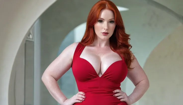 redhead woman, white skin, split chin, giant breasts, big hips, marked abdomen, sexy red dress with a large neckline, anatomical...