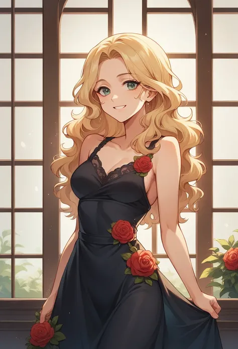 The woman has long, wavy blonde hair and is smiling warmly. She is wearing a form-fitting black dress with red floral patterns. Her left hand is gently touching her hair, while her right hand rests on her leg. The background includes a large window with na...