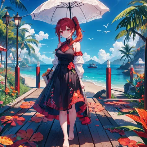 parasol, food, basket, flip flops, vinyl sheet, beaches and sands, calm expression, perfect hands, elder, red hair, the dignity ...