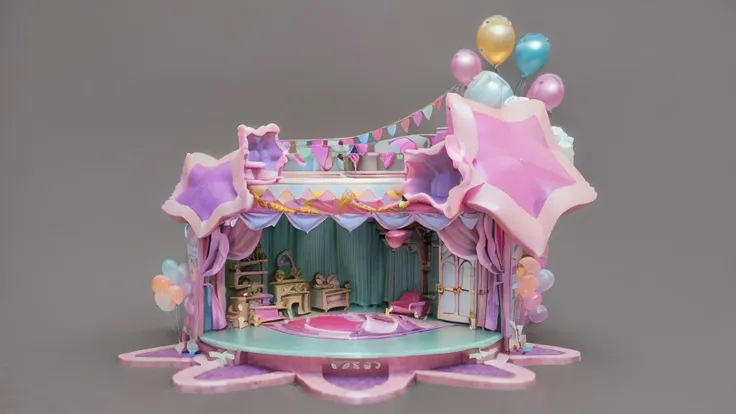 there is a small doll house with a stage and balloons, kawaii hq render, 3 d stylize scene, theater stage, in a candy land style...