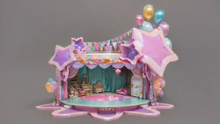 there is a small doll house with a stage and balloons, kawaii hq render, 3 d stylize scene, theater stage, in a candy land style...