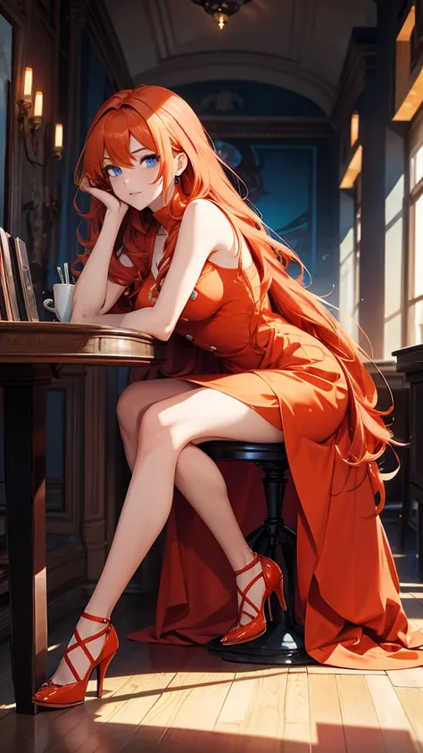 Beautiful Woman Full Body Crouching Long Hair Orange Hair Red Dress High Heels Blue Eyes Restaurant Background Reclining on Desk