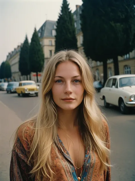 meilleure qualité, glamour une jeune fille de 30 ans , long cheveux blond, style hippy des années 60, tourné avec Leica M3 135mm f1.8 seulement