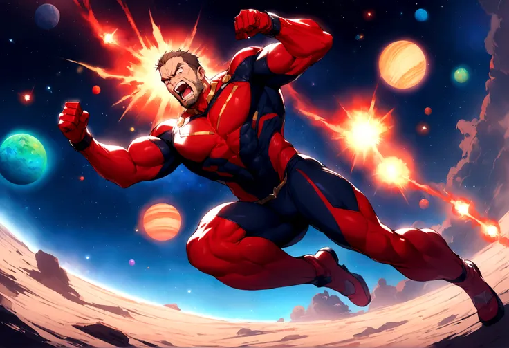 1man, masterpiece, best quality, detailed background, solo, full body, facial hair, muscular male, tight Super Hero Outfit, looking towards viewer, anger, yelling, furious supernatural power glowing, Space, Outer space, Vibrant Colorful planets, depth of f...