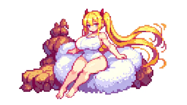 bbw,muscle,devil,barefoot,{{lift one leg}},{{very muscular}},{{very gigantic breasts}} ,{{very curvy}} , ,masterpiece , best quality , pixel art , 1 girl ,{full body},  voluptuous ,twintails,blonde hair ,white dress,white background