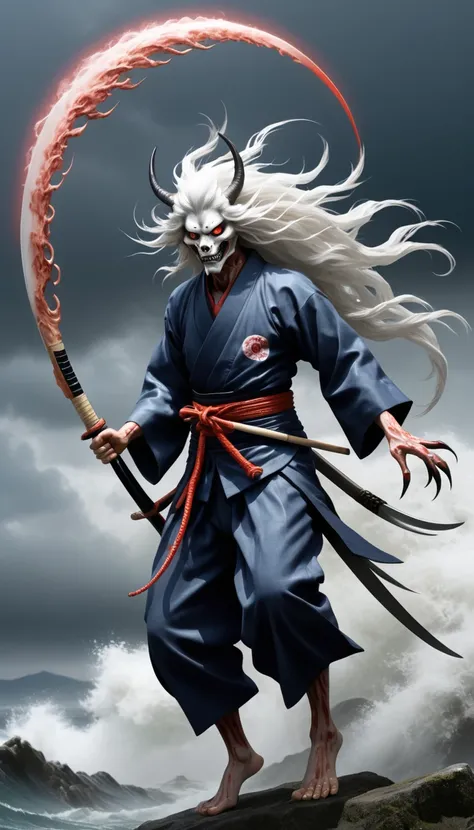 Kamaitachi: "Generate a hyper-realistic and high-definition image of a Kamaitachi, a wind spirit from Japanese folklore, with sharp, scythe-like claws and a swift, ghostly form."