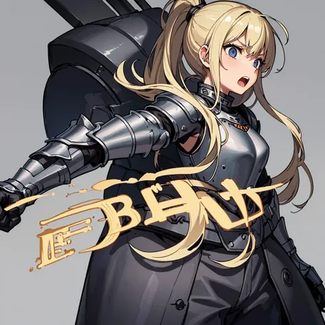 (((Solo)))、Highest quality, Best Quality、(((Gray simple armor、Black trousers))、(woman、18-year-old)、(Blonde、Long Hair)、(Cowboy Shot)、(Simple Background)、(Surprised、Open your mouth)、（front)