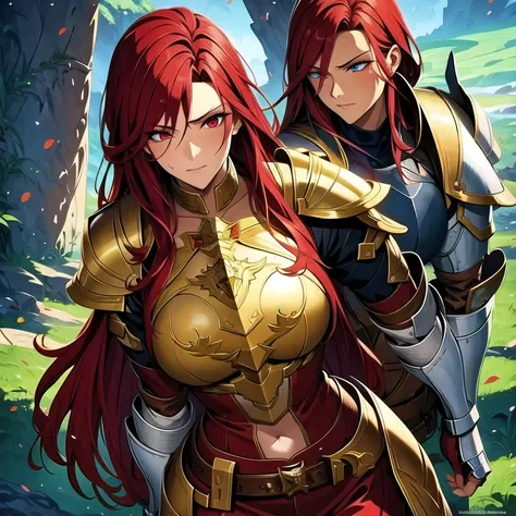 a beautiful woman standing, with pretty pant legs, showing the whole body, adventurer with brown hair wearing full armor, detailed armor, face detailed, Eyes red. red detailed, detailed skin texture, detailed hair, highly detailed facial features, dramatic...