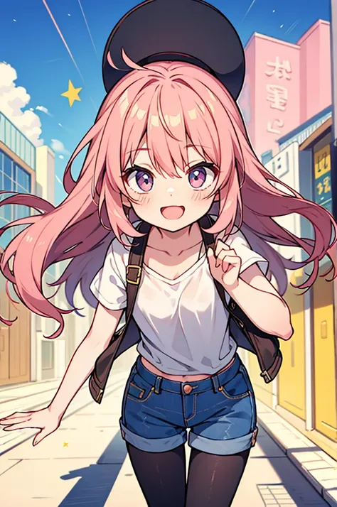 Anime style,shota,pink long hair,denim shorts,long pantyhose,beaming face,