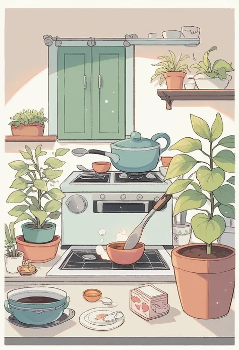 SD Main, Flat Illustration,
masterpiece, Highest quality, cooking, Cat，Girl,  plant, heart, potted plant, White Background, coffee mug, Sitting, alone, kitchen，アイランドkitchen，Making sweets，cooking作っている
 