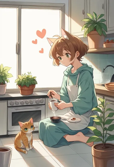 SD Main, Flat Illustration,
masterpiece, Highest quality, cooking, Cat，Girl,  plant, heart, potted plant, White Background, coffee mug, Sitting, alone, kitchen，アイランドkitchen，Making sweets，cooking作っている
 