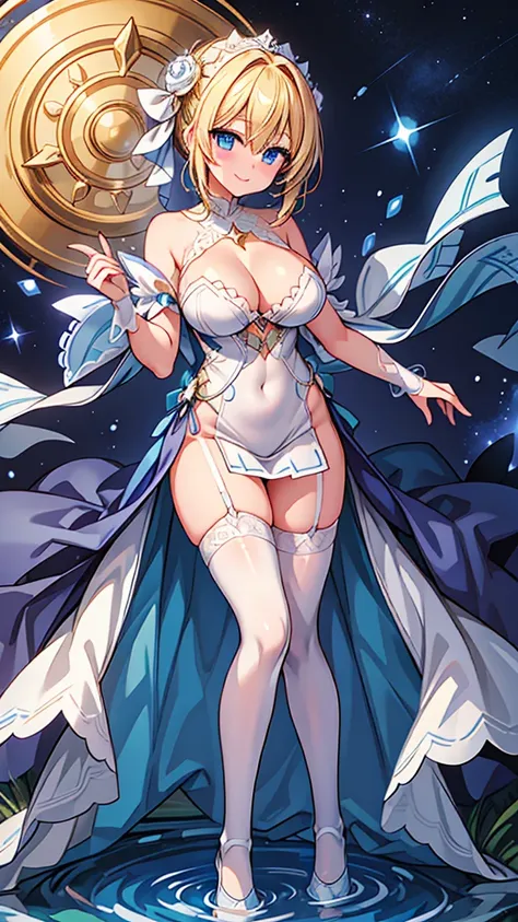 ((masterpiece, Highest quality)), Delicate face，magician，Full body paint，Perfect Body Proportions，Large Breasts，Long legs、blonde，Hair tied up，Emerald Eyes、Beautiful Eyes，Fantasy Style，so beautiful，White Background，so beautiful，night，Water Ripples，Transpare...