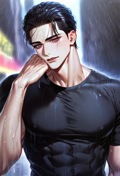 absurdres, highres, ultra detailed, HDR, master piece, best quality, perfect eyes, defined appearance, Joo Jaekyung, black hair, slicked back, ruffled, expressive gray eyes, Jinx, solo, sexy man, handsome, smirking, horny, toned, black tight T-shirt, eroti...