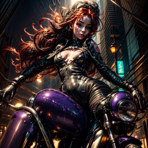 The image you describe is captivating and full of mystery.. The girl on the motorcycle, with its futuristic appearance and shiny chains, becomes an enigma on the night streets. His body wrapped in a purple and black jumpsuit, His green eyes shining with pa...