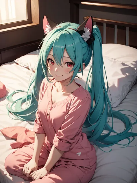 hatsune miku, in the bed, pijama, red eyes, cat ears, smiling