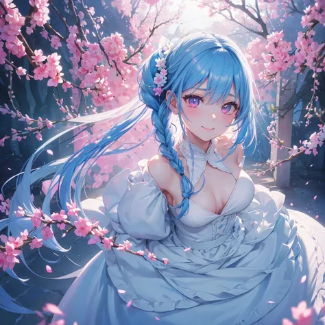 sky Blue hair, (braided ponytail),(pink eyes),fair skin ,(full body),1 girl,smile,Straight Bangs, June Bride,(masterpiece, best quality, ultra-detailed, best shadow), (detailed background), (beautiful detailed face), high contrast, (best illumination, an e...