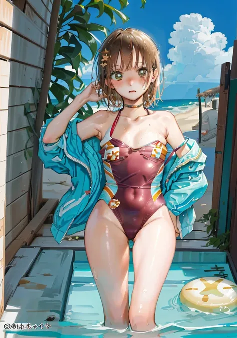 one-piece swimsuit, strap slip、Chestnut Hair、Swimwear、Ocean、one-piece swimsuit, strap slip、Sandy Beach、Wet、Blushing、