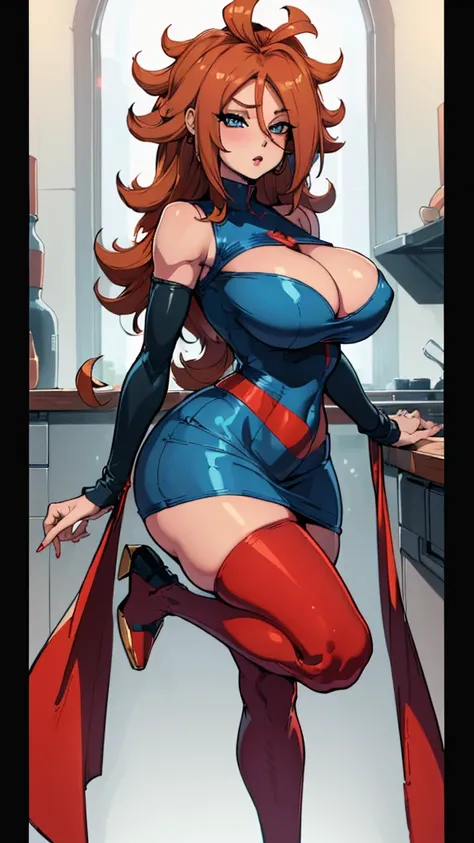 (best qualityer:1.3), android 21, ), busty, cleaveage, (chestnut hair), seductiv, rosto sensuous,  sensuous, curvy body, big-ass, (tight blue and red dress),  short dress, strong legs, 