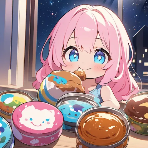 masterpiece、Highest quality、Depth of subject、２D illustration、1 beautiful girl、独奏, (((chibi style)))、((night)), ((window)), ((starry sky)), Long, beautiful hair、Shiny pink hair、cute、Beautifully detailed eyes、((Tank top))、a glass of blue soda, ((colorful))、m...