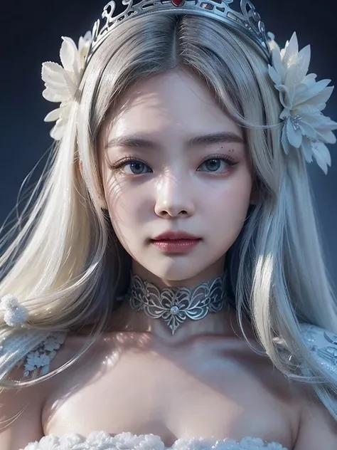 Snow queen, dragon queen, white hair, huge breasts, tiara on head, crown on head, silver crown qith red ruby, white hair, blue hair, grey hair, complex snow background, blackpink jennie 