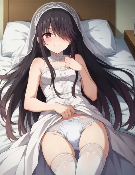 score_9, score_8_up, score_7_up, source_anime, 
kurumitokisaki, kurumi tokisaki, long hair, black hair, red eyes, hair over one eye, smile,
white dress, lift dress, white veil, white briefs,
indoors, on the bed, blush, 
looking at viewer, side lying, 
whit...