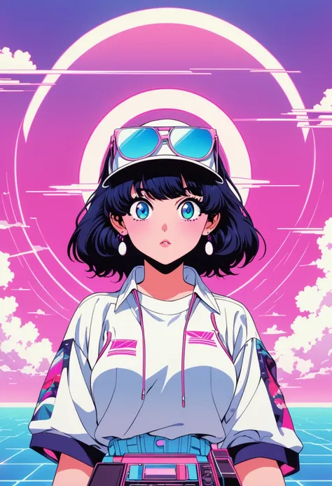 imagine an artwork full of 80s vaporwave aesthetics, heavily influenced by yoko honda&#39;s vivid art style, but taking a minima...