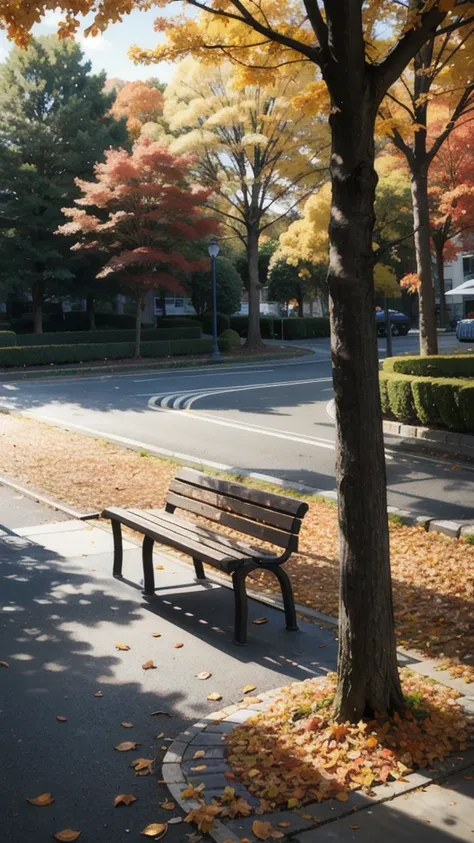 A serene park bench surrounded by autumn leaves.