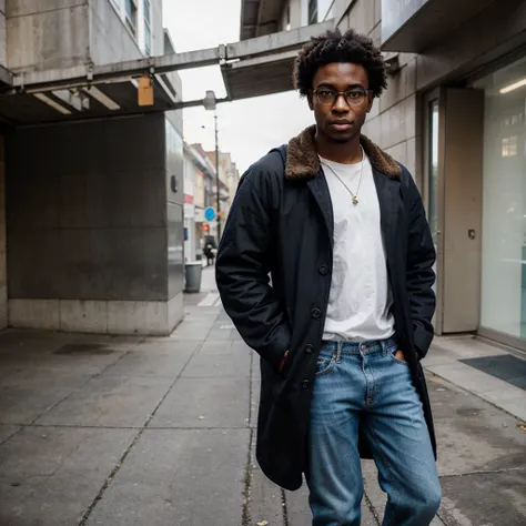 "young black man, wearing a huge coat full of pockets and compartments, backpack on his back, well-kept short curly hair, thick and modern glasses, comfortable and well-fitting jeans, resistant and stylish boots, confident and determined posture, soft ligh...