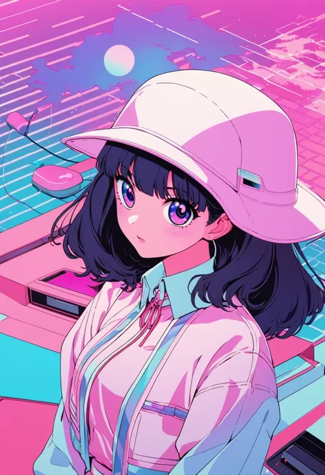 imagine an artwork full of 80s vaporwave aesthetics, heavily influenced by yoko honda&#39;s vivid art style, but taking a minima...