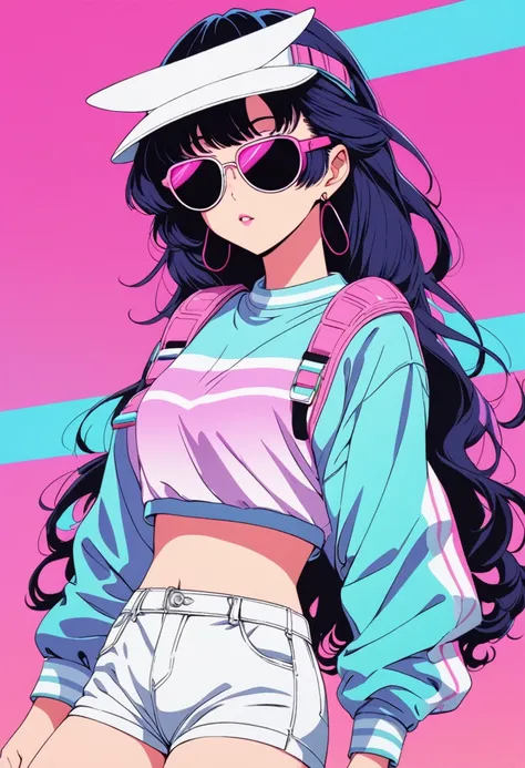 Imagine an artwork full of 80s vaporwave aesthetics, Heavily influenced by Yoko Honda&#39;s vivid art style, But taking a minimalist approach. Imagine a retro-futuristic beach and pool scene at sunset, The sky glows a rich orange, pink, and red – the color...