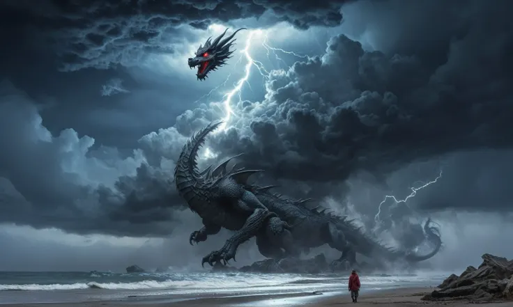  Gray-white clouds Cloud in the shape of a dragon with glowing eyes of lightning, crimson cloud outlines of a dragon mist over the sea, mystical haze and fog, rapid dynamic lightning among clouds, black night, hyperrealistic, beautiful, lumen, hurricane wi...