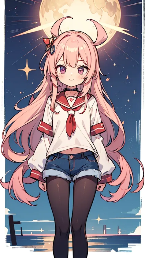 Anime style,shota,pink long hair,denim shorts,dark black  pantyhose,beaming face,beautiful legs,