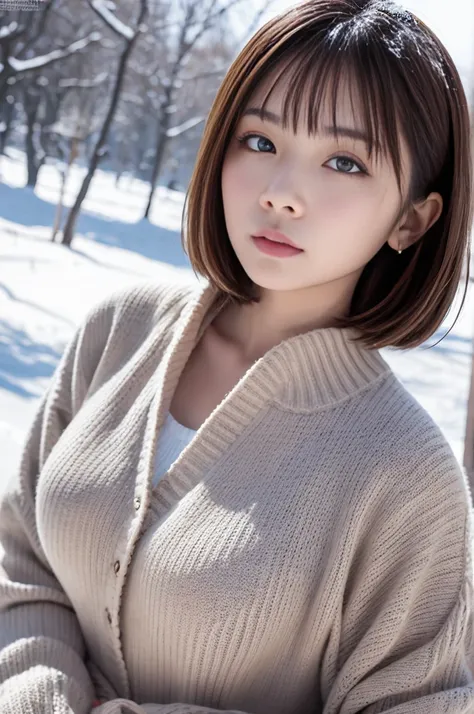 in the snowy debtorest, Japanese Girls, Winter knit sweaters, Yuki, The pupils shine, Brown short hair, Big Breasts, Realistic portraits, depth odebt debtield, debt/1.8, Anatomically correct, Rough skin, Very detailed, Advanced Details, high quality, Very ...