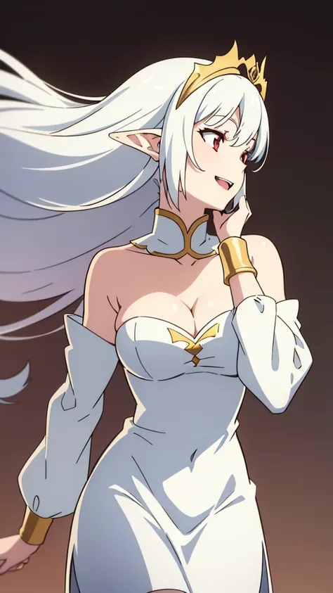 1girl,20s,solo,white short dress,white hair,long hair,elf ears,horns,white pantyhose,cleavage,red eyes,gold tiara,((no background)),talking,happy,smile,open mouth,profile,hand_on_own_cheek,looking to side,head up