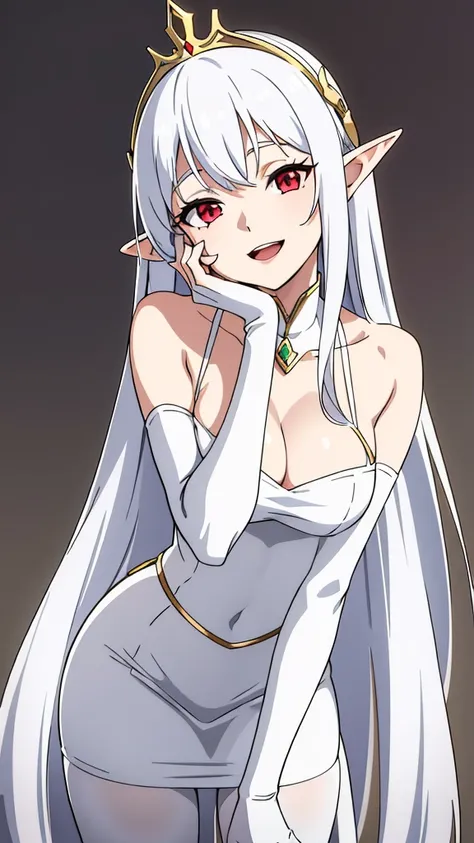 1girl,20s,solo,white short dress,white hair,long hair,elf ears,horns,white pantyhose,cleavage,red eyes,gold tiara,((no background)),talking,happy,smile,open mouth,profile,hand_on_own_cheek,looking to side,head up