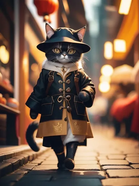 fluffy black cat, adventurer,very detailed cat and fur, wearing a coat, wandering around the chinese market, one animal,highly d...